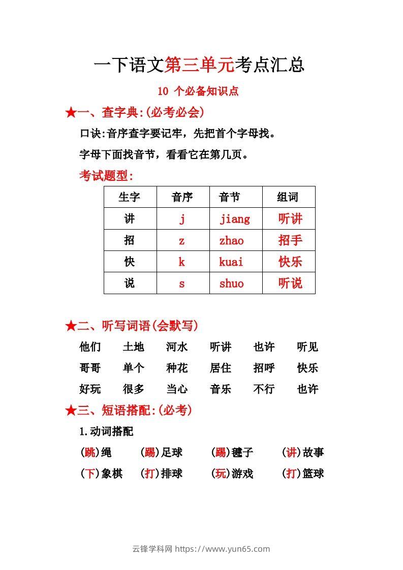 一下语文第三单元10个必备知识点-云锋学科网