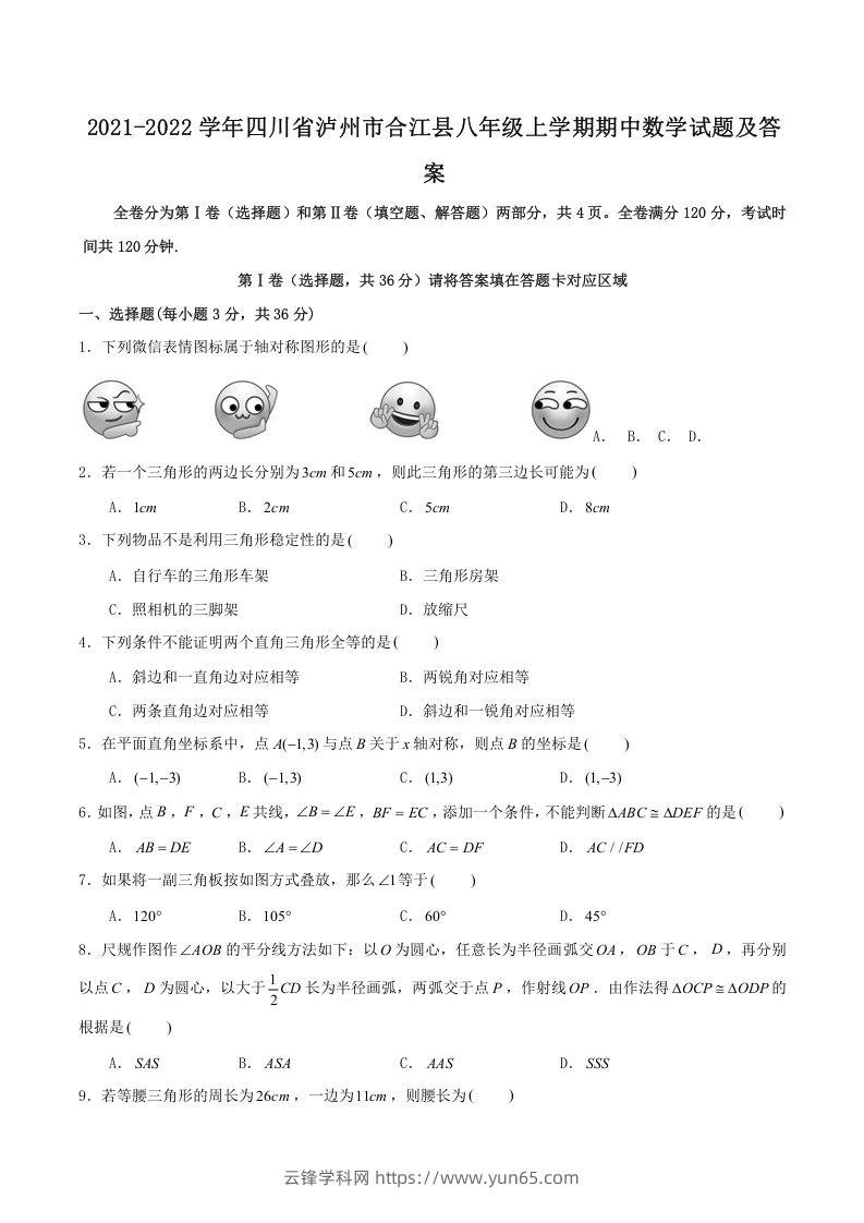 2021-2022学年四川省泸州市合江县八年级上学期期中数学试题及答案(Word版)-云锋学科网