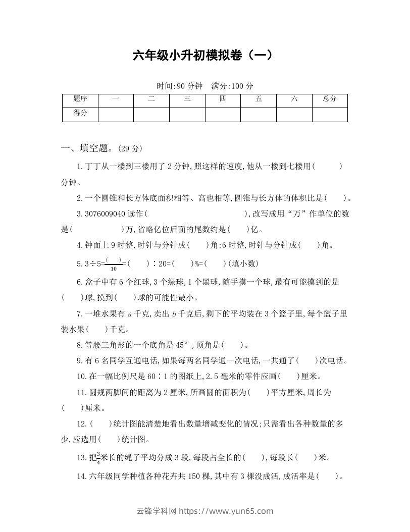 六年级小升初模拟卷（一）-云锋学科网