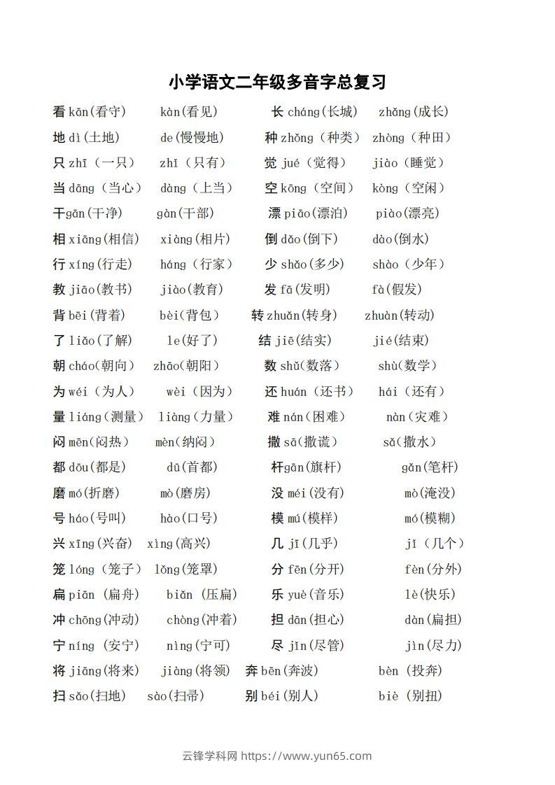 二年级语文上册多音字汇总❤️()-云锋学科网