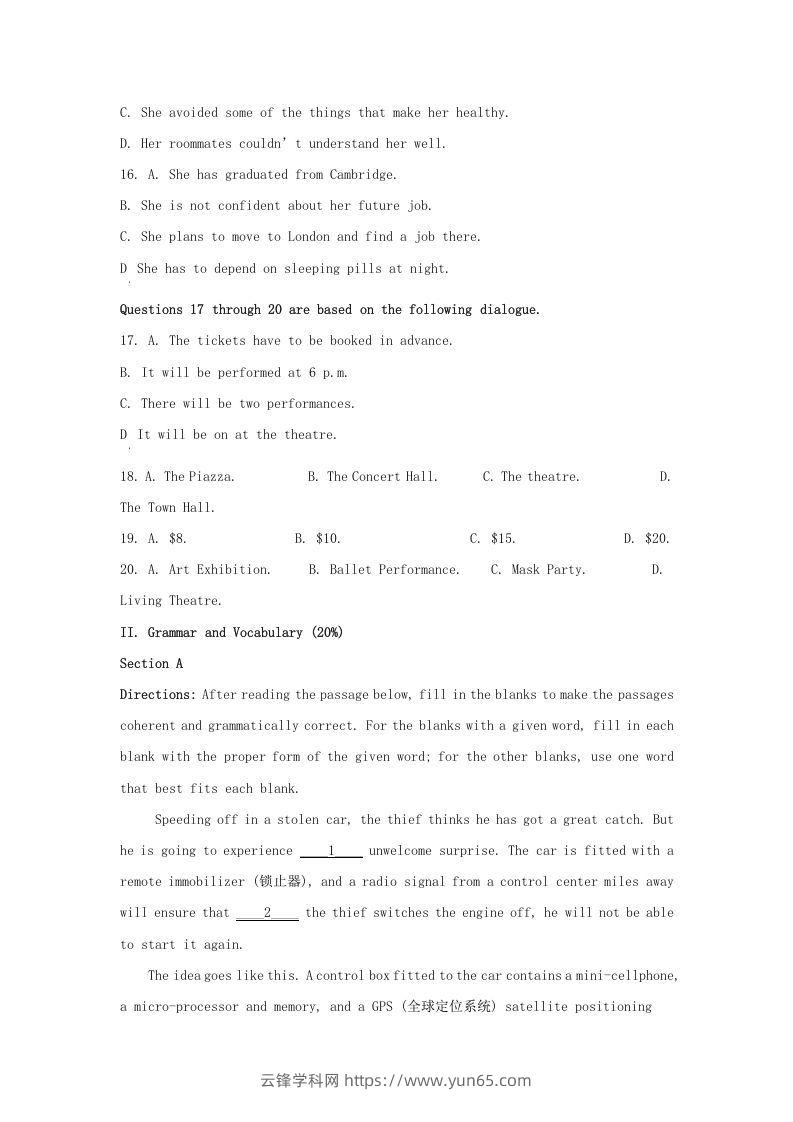 图片[3]-2021-2022学年上海市金山区高三上学期期中英语试题及答案(Word版)-云锋学科网