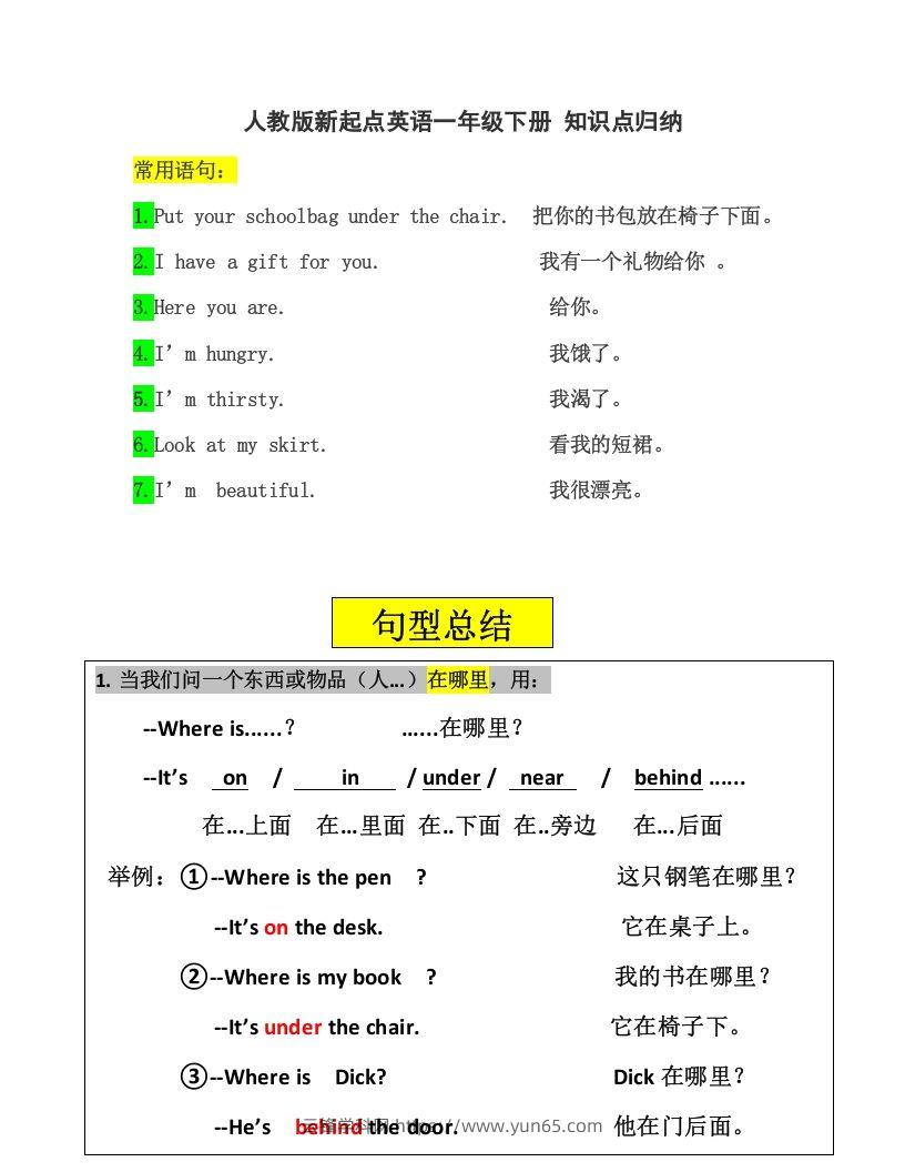 一年级英语下册一起点知识点汇总-云锋学科网