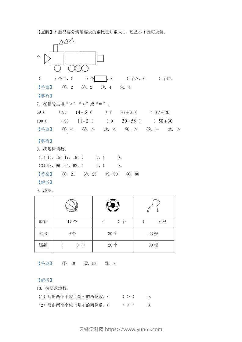 图片[2]-2021-2022学年山西省大同市一年级下册数学期中试题及答案(Word版)-云锋学科网