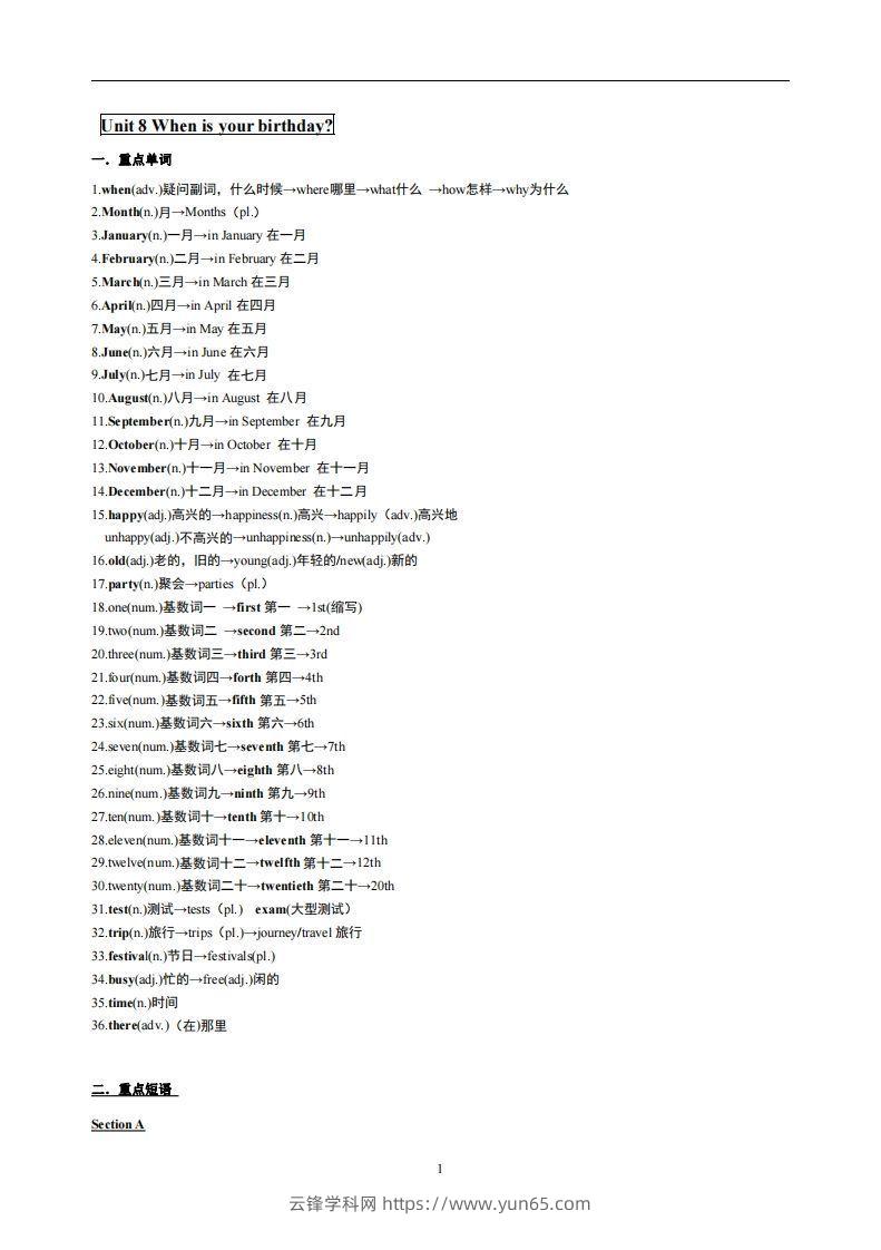 8.人教版七年级上英语Unit8复习提纲-云锋学科网