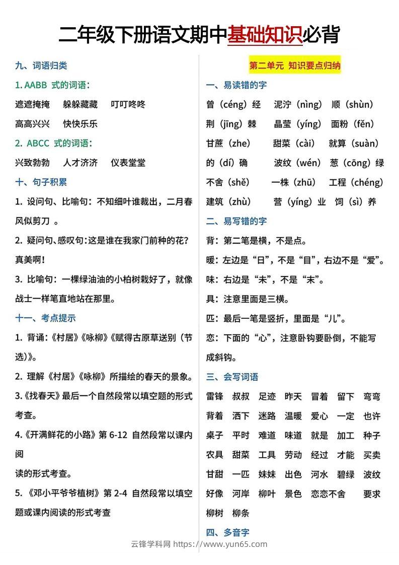 图片[2]-二年级下册期中基础知识必背-云锋学科网