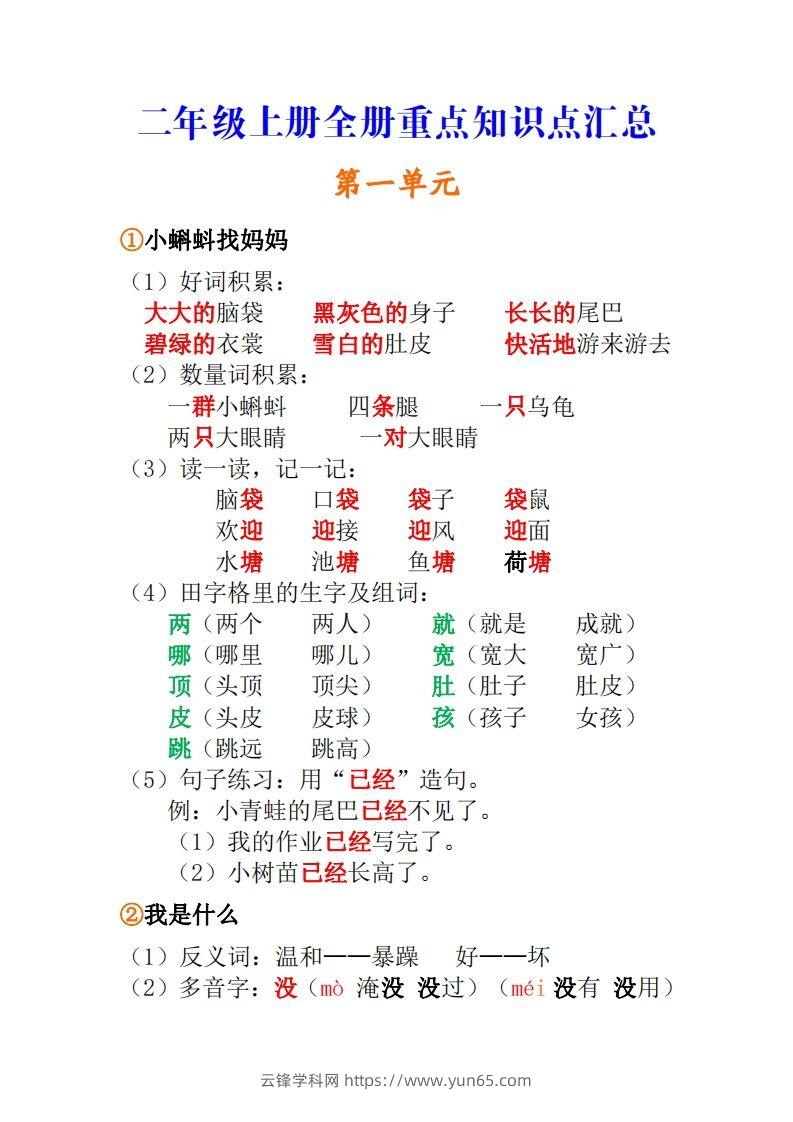 二年级上册语文全册重点知识点汇总-云锋学科网