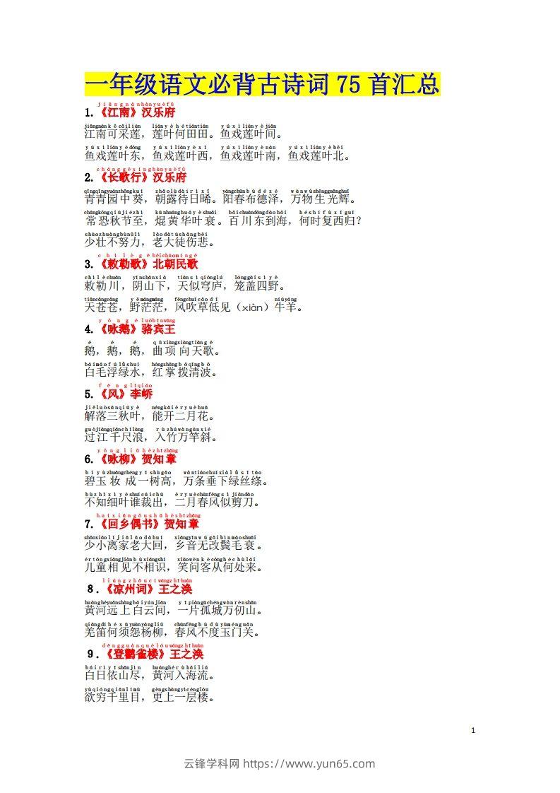 1.2《必背古诗词汇总》（注音版）-云锋学科网