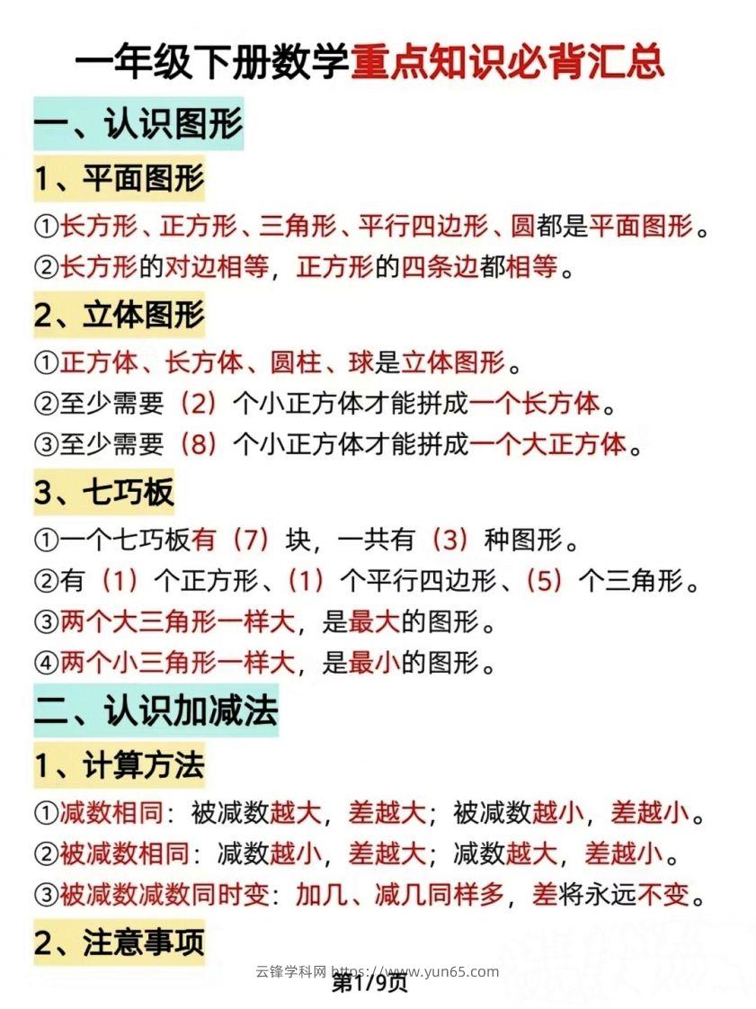 数学一年级下册必背知识点汇总（简洁版）-云锋学科网