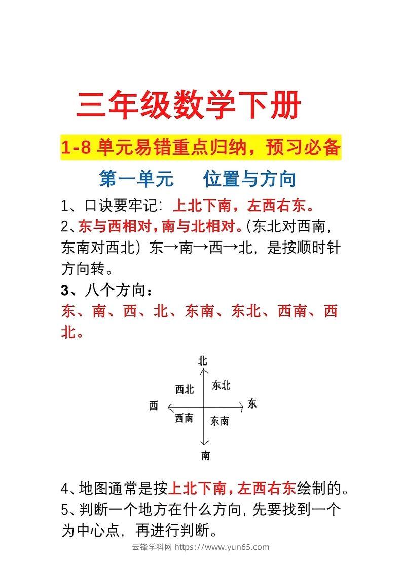 三年级数学下册1-8单元易错重点归纳-云锋学科网