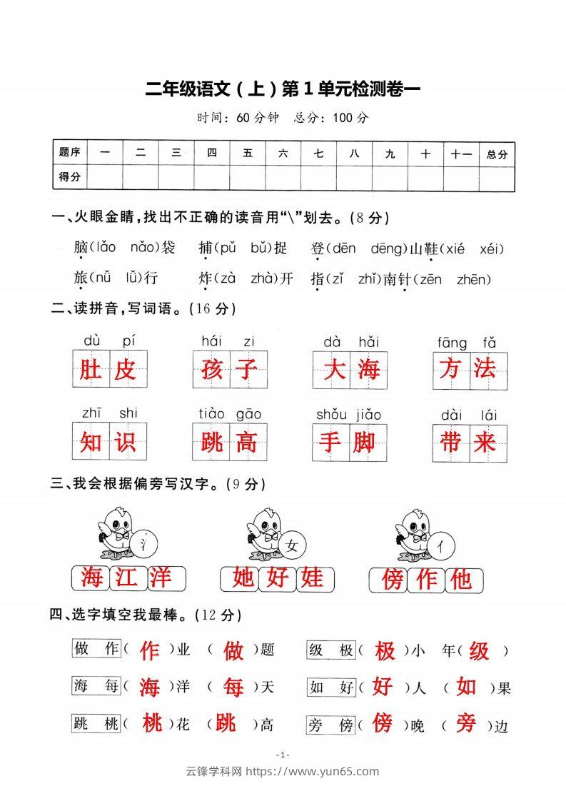 二上语文第一单元检测卷（一）-云锋学科网