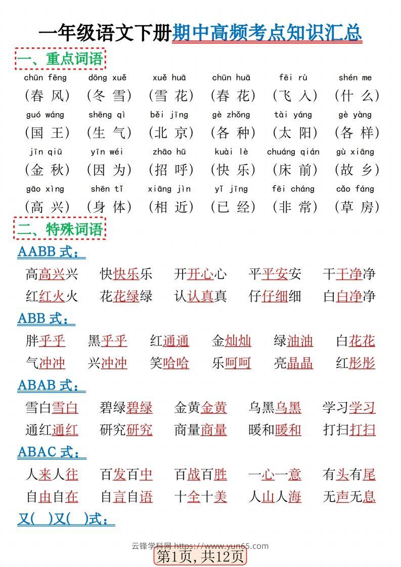 一年级语文下册期中高频考点知识汇总(1)(2)-云锋学科网