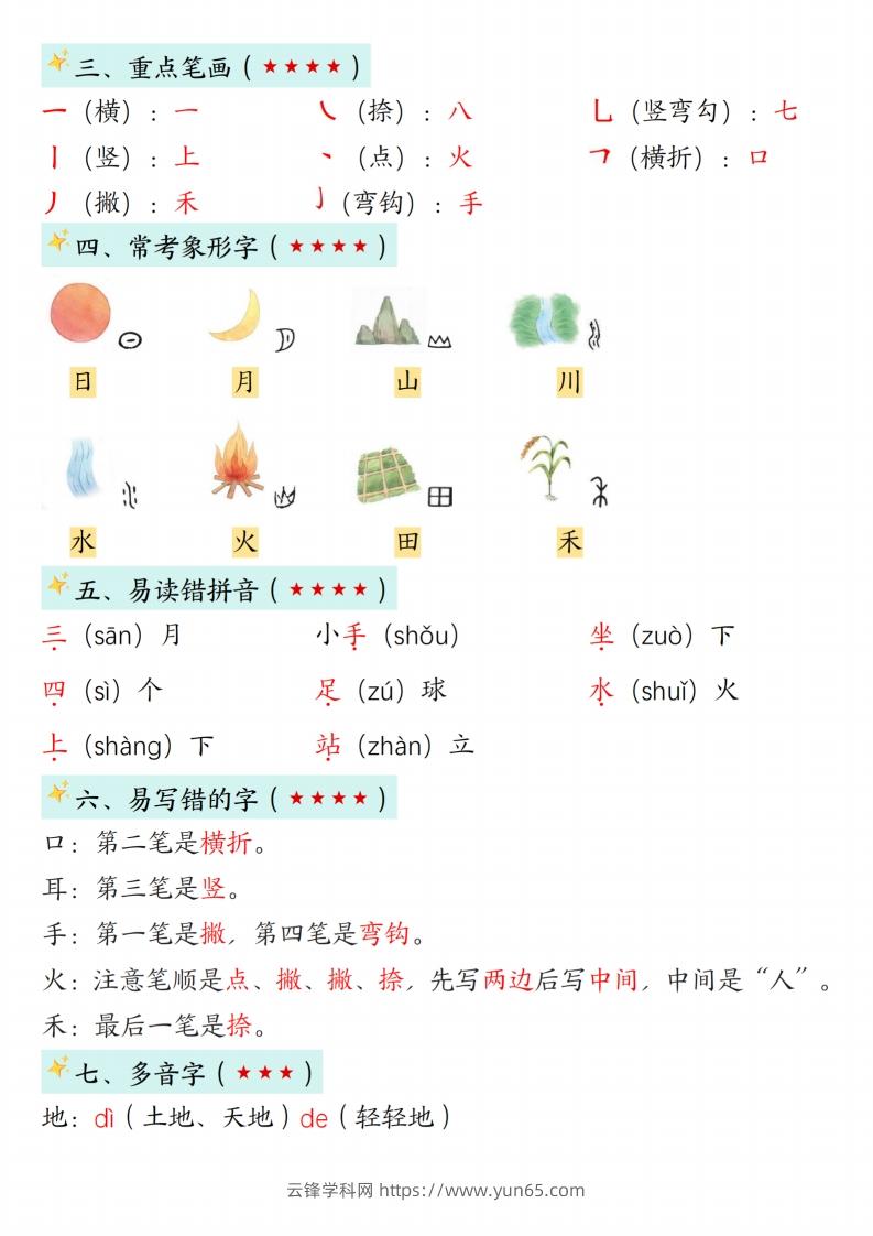 图片[2]-24新版一年级语文上册1-2单元知识点汇总-云锋学科网