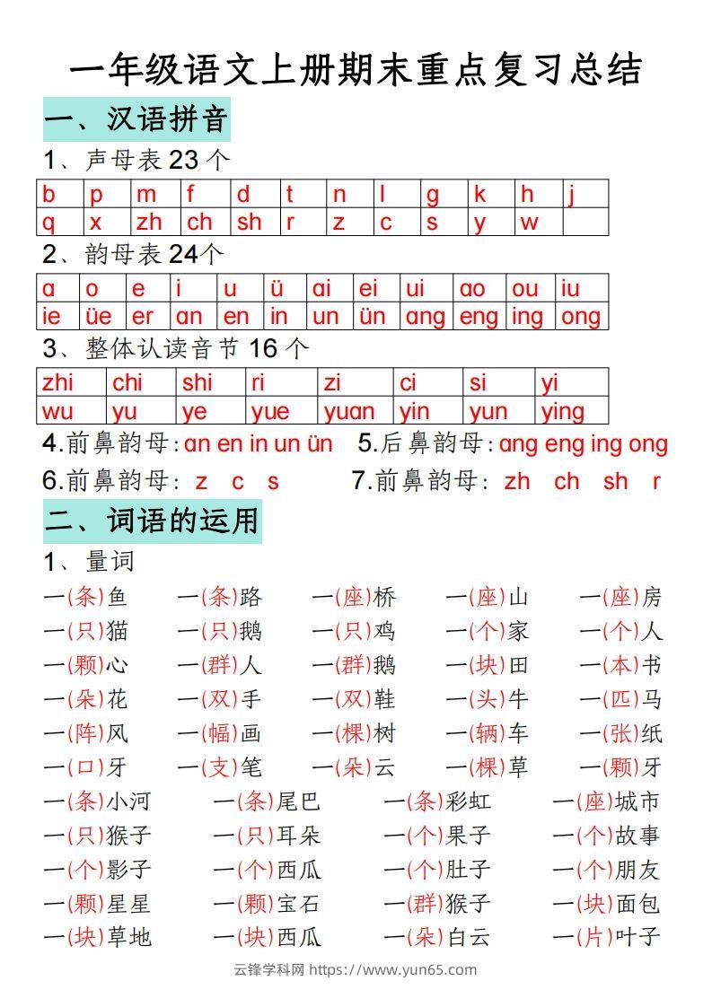 一年级语文上册期末重点复习总结-云锋学科网