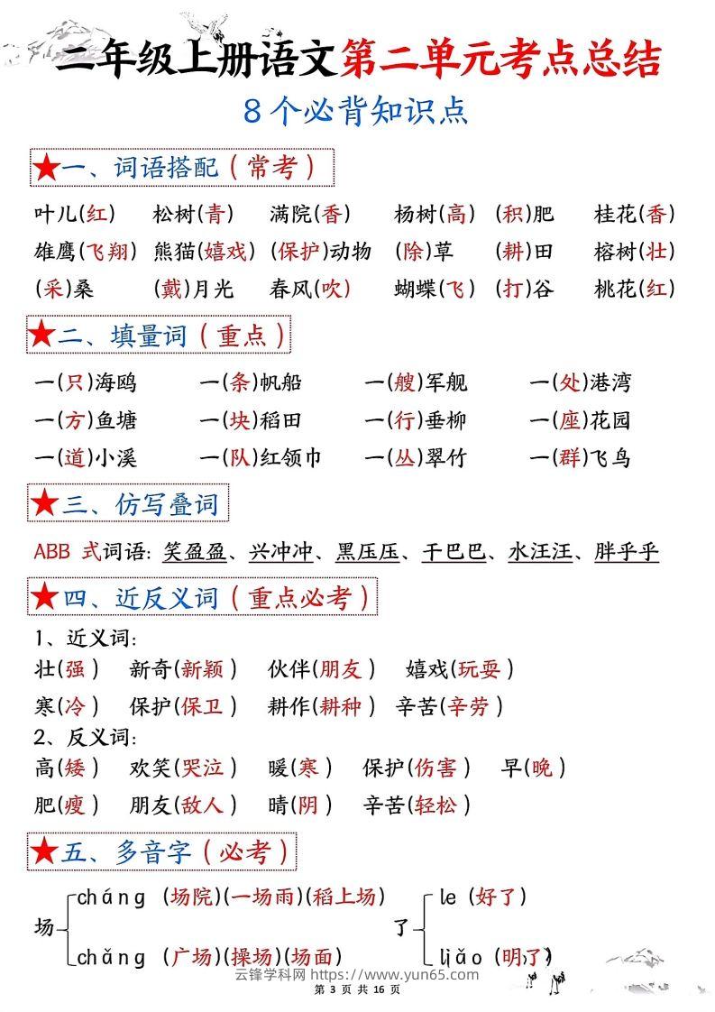 图片[3]-二年级上册语文1-8单元考点总结-云锋学科网