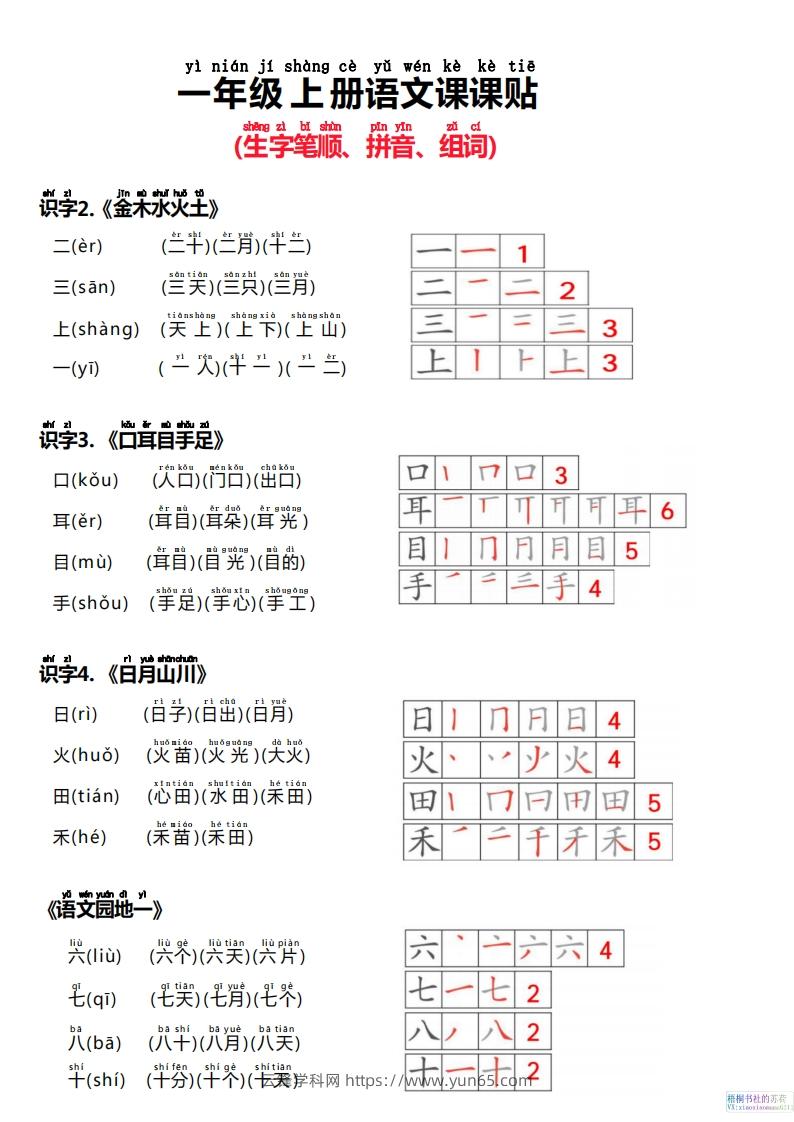 【24新版】一上语文课课贴（生字笔顺、拼音、组词）-云锋学科网
