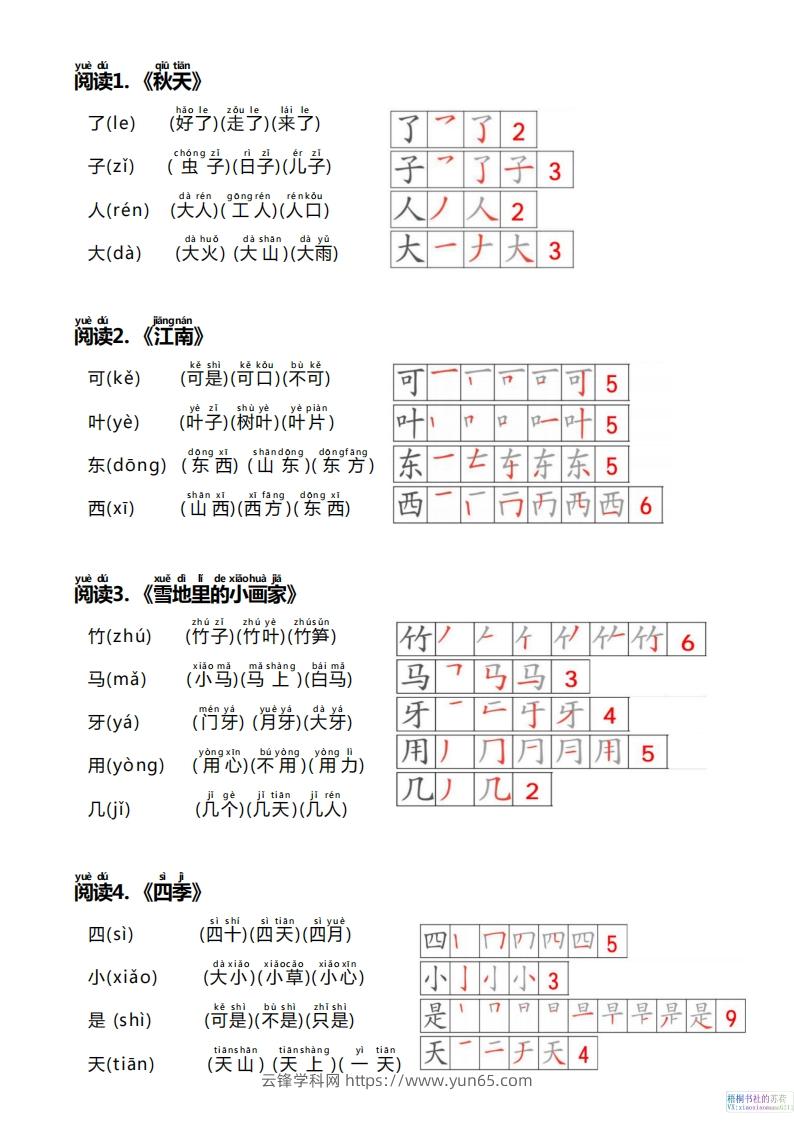 图片[2]-【24新版】一上语文课课贴（生字笔顺、拼音、组词）-云锋学科网