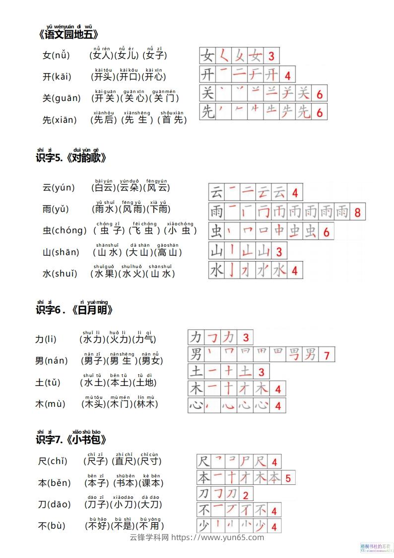 图片[3]-【24新版】一上语文课课贴（生字笔顺、拼音、组词）-云锋学科网