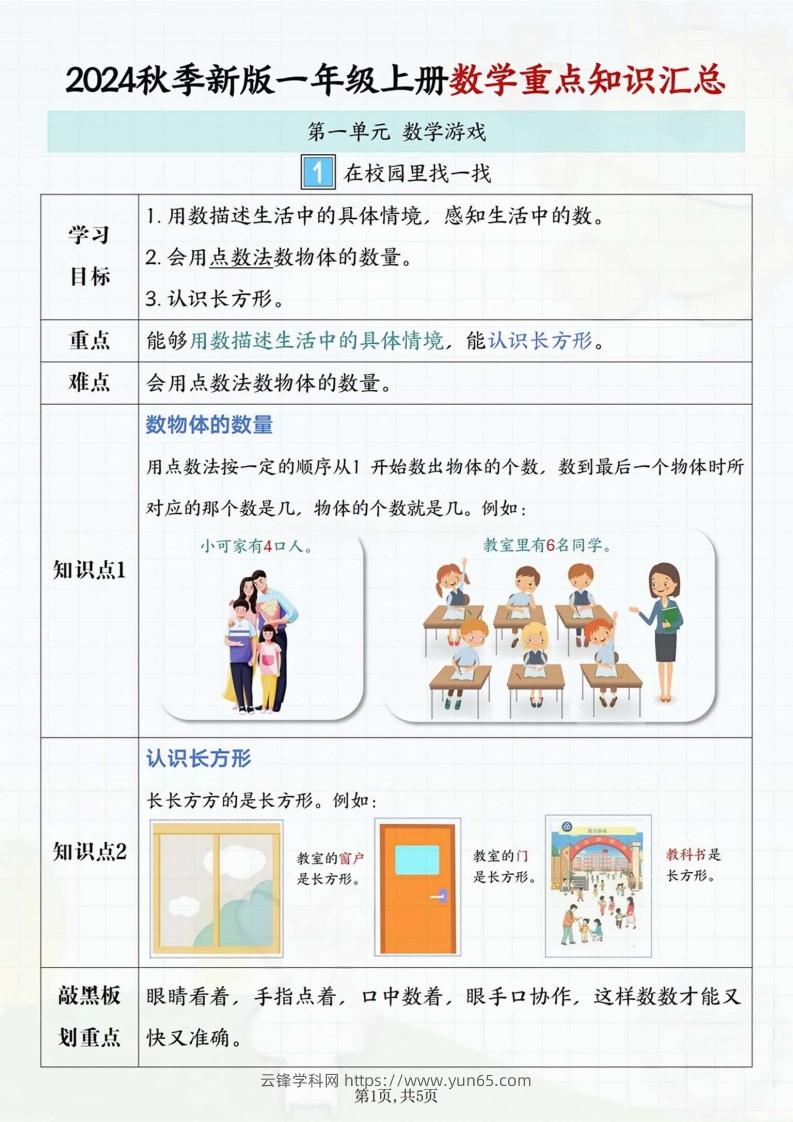 一年级上册数学重点知识汇总-云锋学科网