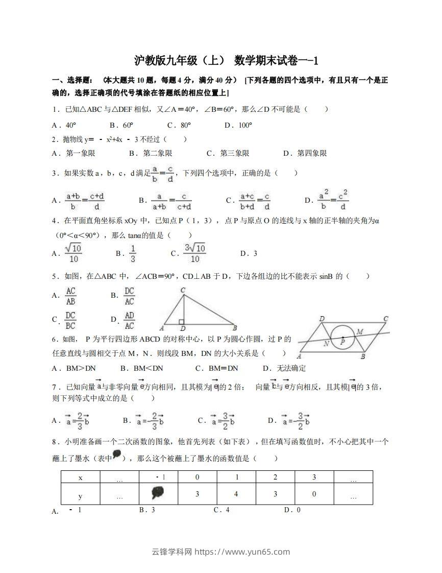 九年级（上）数学期末试卷1-1卷沪教版-云锋学科网