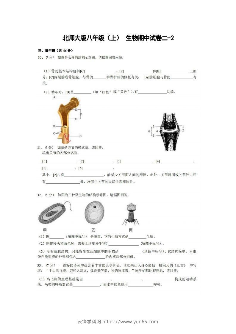 八年级（上）生物期中试卷2-2卷北师大版-云锋学科网