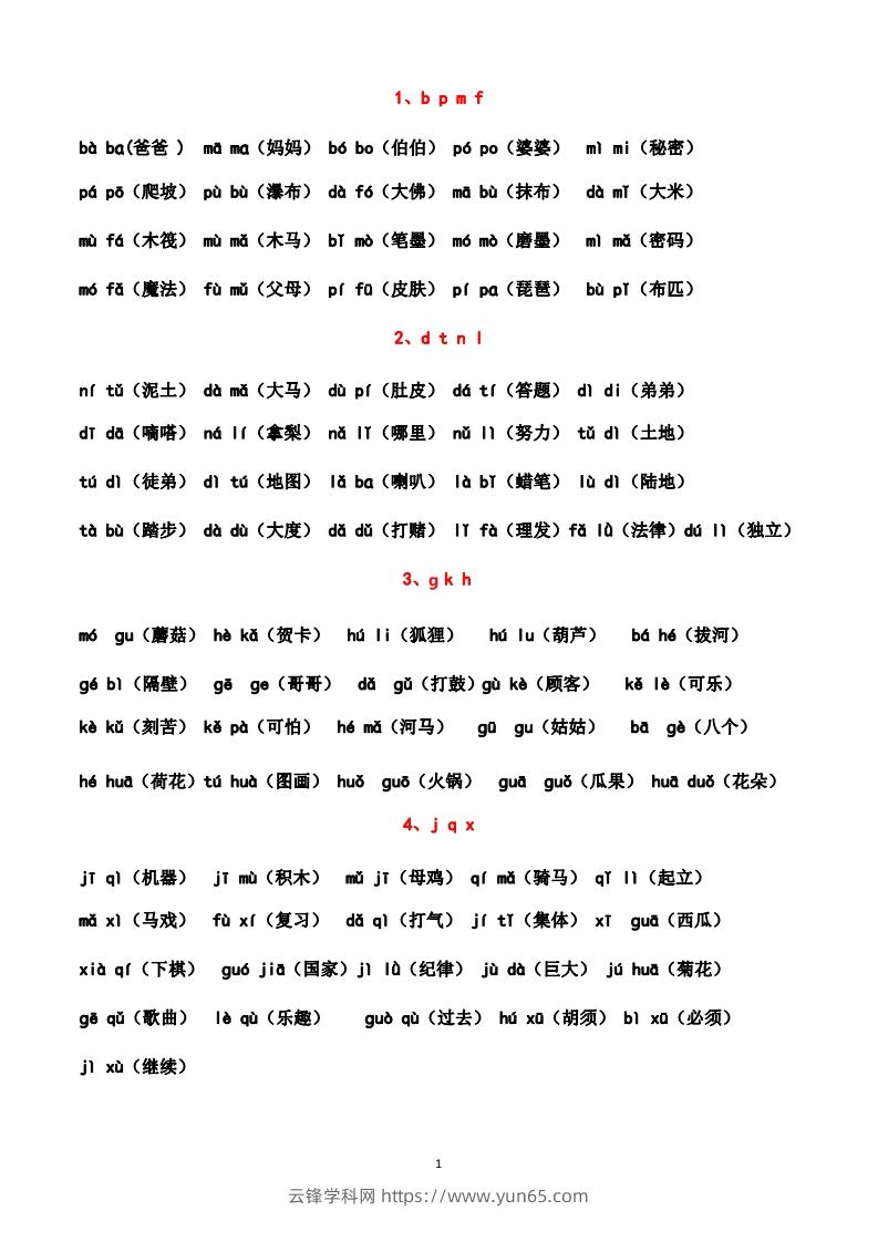 一上语文汉语拼音拼读练习（晨读晚读最佳资料）-云锋学科网