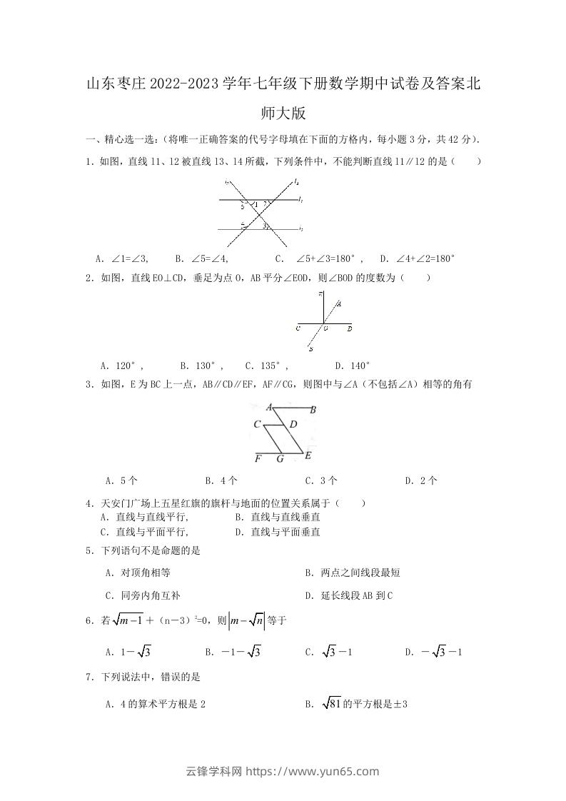 山东枣庄2022-2023学年七年级下册数学期中试卷及答案北师大版(Word版)-云锋学科网