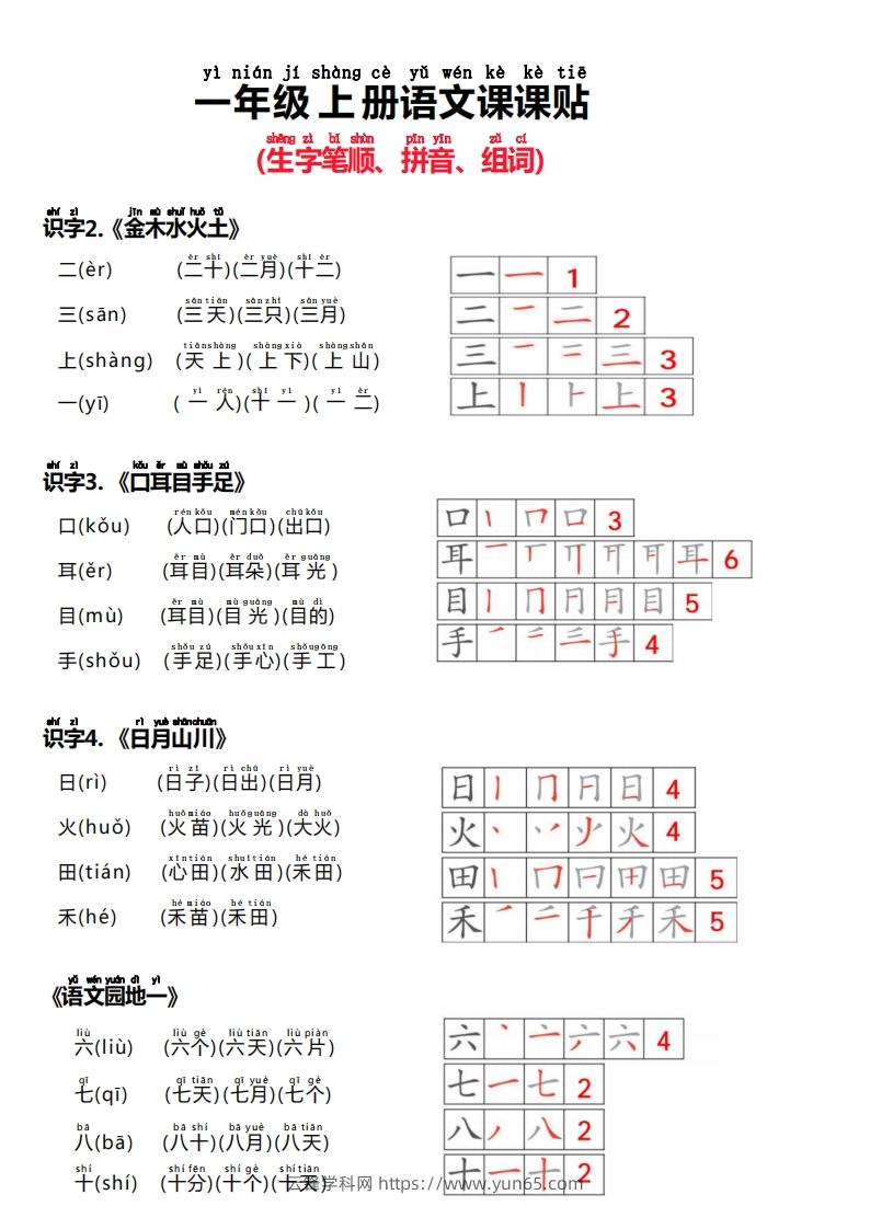 24秋新版一上语文课课贴（生字笔顺、拼音、组词）-云锋学科网