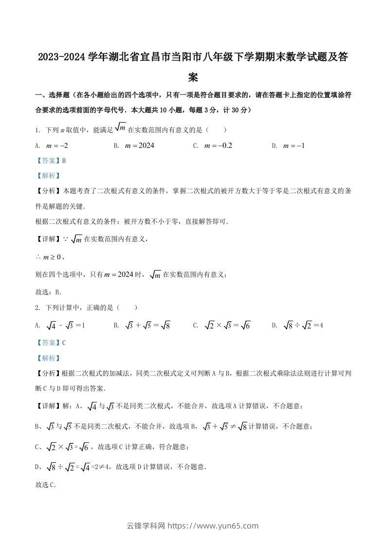 2023-2024学年湖北省宜昌市当阳市八年级下学期期末数学试题及答案(Word版)-云锋学科网