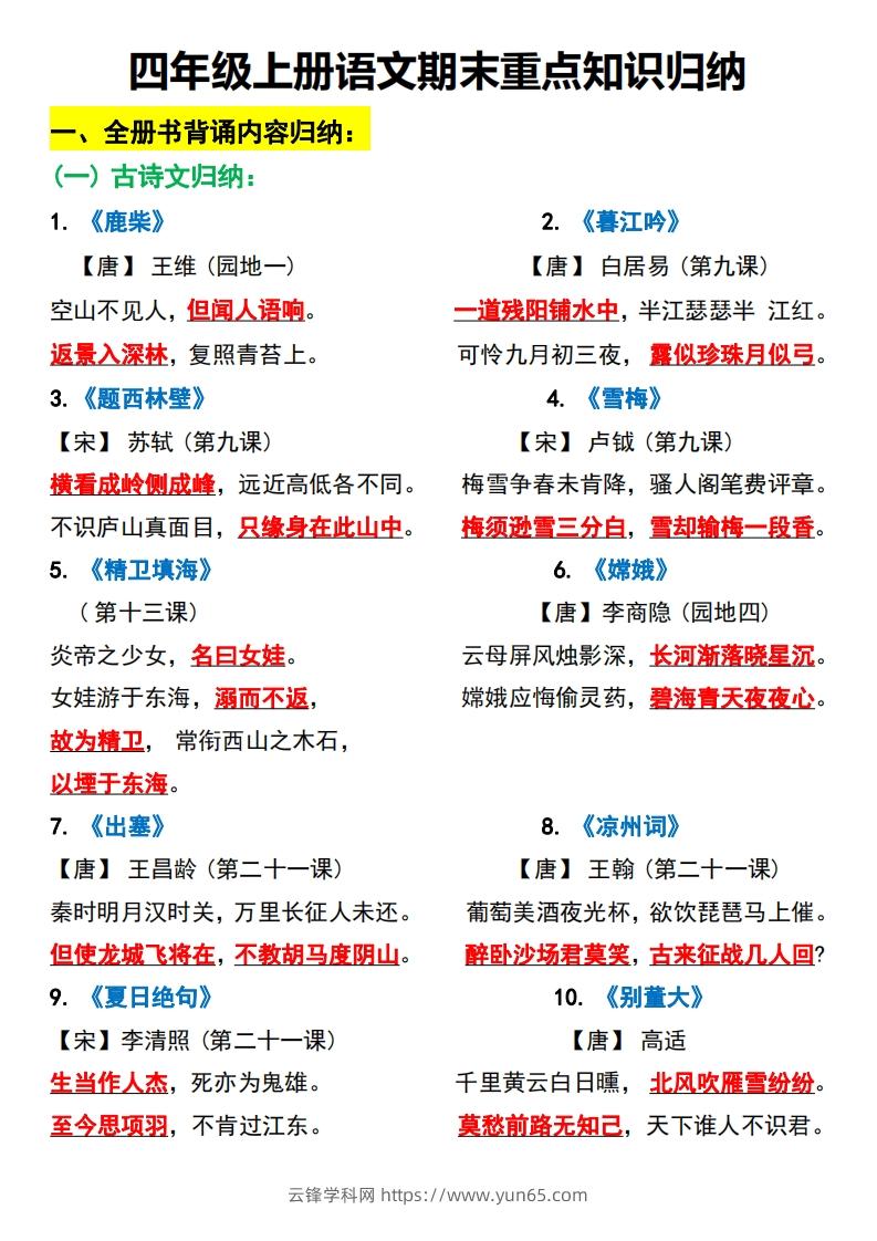 四上语文全册重点知识汇总-云锋学科网