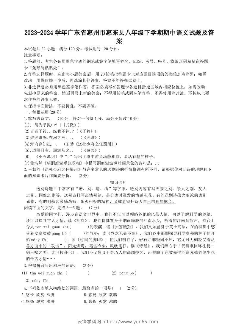 2023-2024学年广东省惠州市惠东县八年级下学期期中语文试题及答案(Word版)-云锋学科网