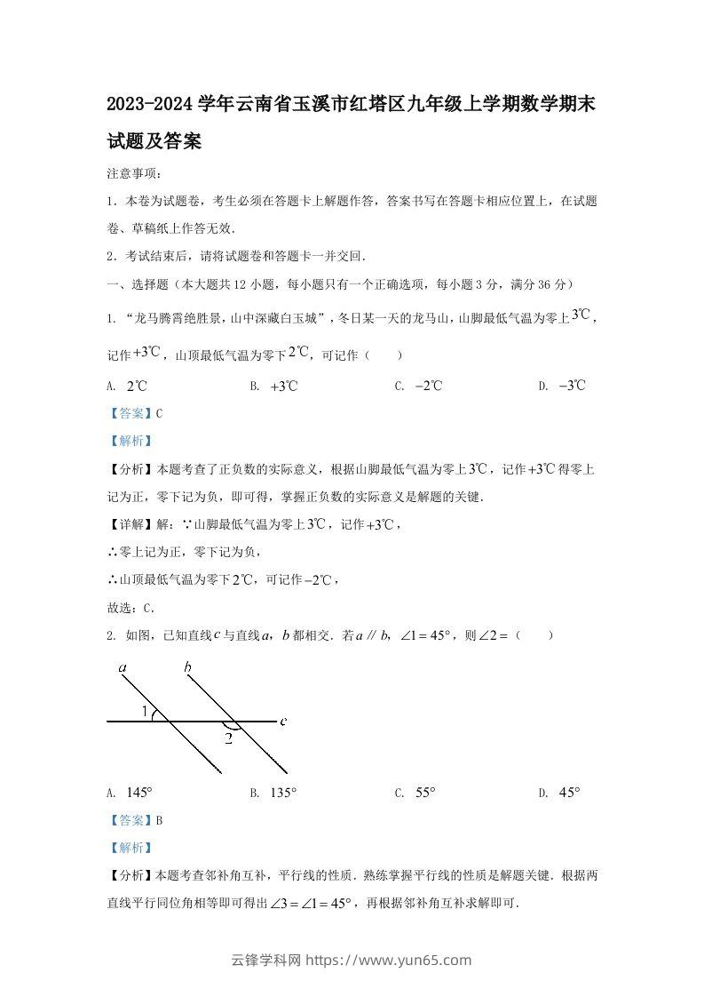 2023-2024学年云南省玉溪市红塔区九年级上学期数学期末试题及答案(Word版)-云锋学科网